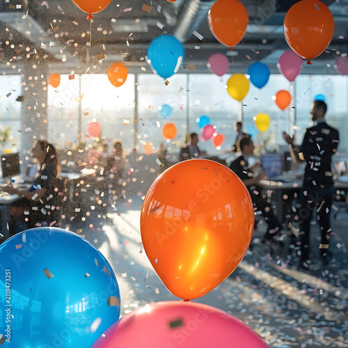 Office party celebration with colorful balloons and confetti in a modern workplace