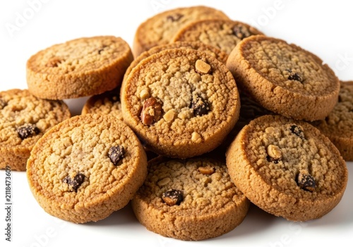 Freshly Baked Golden Brown Chocolate Chip and Nut Cookies Piled on a Clean White Background
