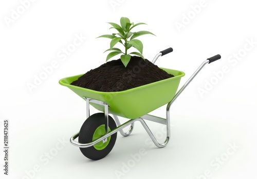 Green Wheelbarrow Filled with Rich Soil and a Young Growing Plant Isolated on White Background for Gardening Concept