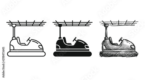 Принти на полотні Three illustrated bumper cars with overhead power lines in outline, silhouette,