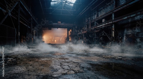 Abandoned Warehouse Interior with Smoke and Light
