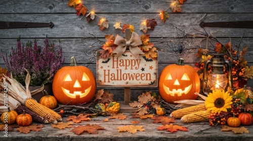 Halloween Pumpkins and Wooden Background Decor