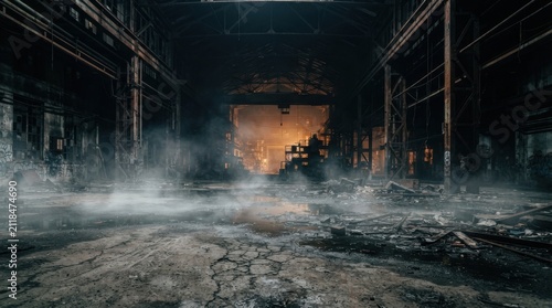 Dark Empty Factory Hall with Smoke