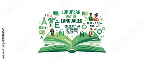 Open Book with Diverse People and Language Symbols