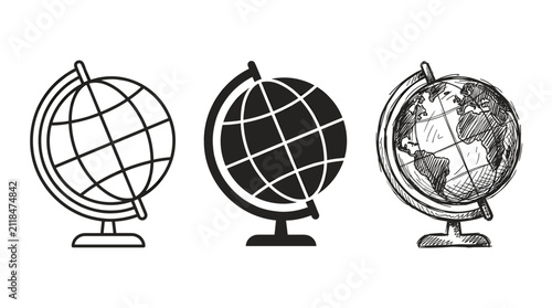 Three world globes on simple stands, depicted in outline, solid silhouette, and detailed hand-drawn sketch with graticules