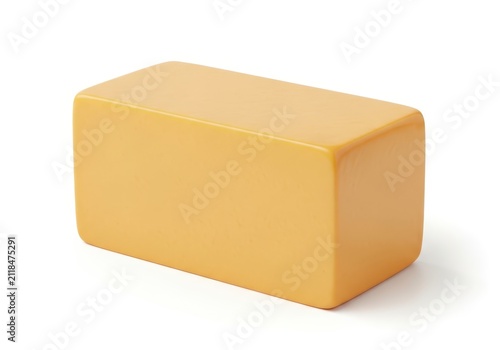 Large Rectangular Block of Yellow Cheddar Cheese Isolated on White Background - Studio Shot of Dairy Product
