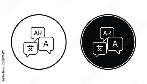 Quadro su tela Language translation and speech bubble icon set in outline and solid black style