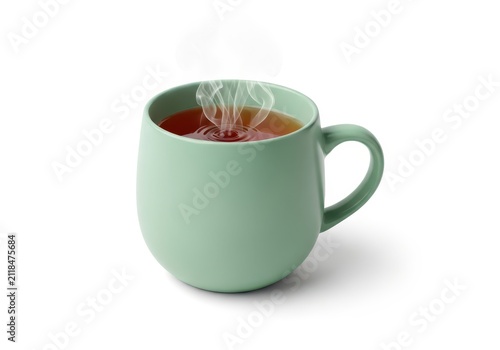 Hot Steaming Tea or Coffee in a Green Ceramic Mug with Ripples Isolated on White Background