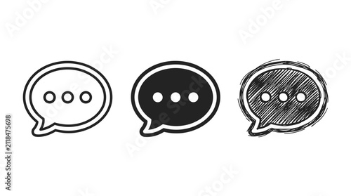 Set of three speech bubble icons with ellipsis, shown in outline, solid black, and hand-drawn styles for digital messaging.