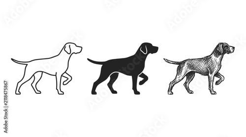 Bild auf Leinwand Three Pointer Dogs in Pointing Stance in Outline, Solid, and Sketch Styles