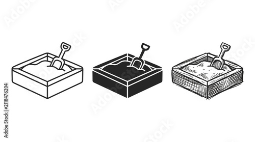 Bild auf Leinwand Three distinct icon styles of a sandbox with a shovel, featuring a clear outline, a solid black silhouette, and a textured hand-drawn sketch version