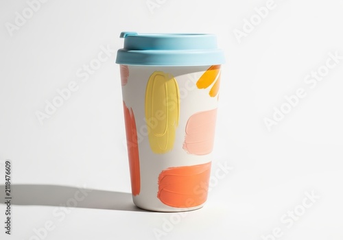 Reusable Ceramic Coffee Cup with Colorful Abstract Brushstroke Design and Blue Lid Isolated on White Background