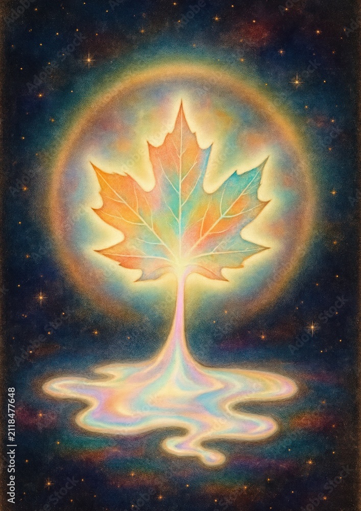 Obraz premium Vibrant cosmic maple leaf artwork.