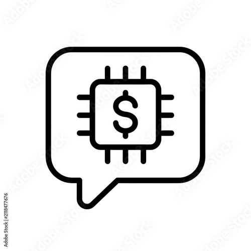 Minimalist black outline icon representing fintech communication, digital payment technology, and financial data processing chip inside speech bubble