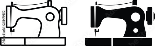 Konstfotografi Sewing Machine Icon Set featuring black and white sewing machine symbols, tailoring equipment, textile production, fashion design tools, and editable vector illustrations