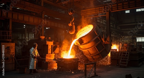 Industrial Steel Foundry Worker Pouring Molten Metal in Heavy Industry Environment