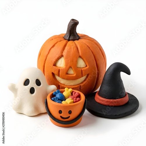 Plasticine Clay Claymation Halloween Set with Pumpkin Jack O Lantern White Ghost Witch Hat and Trick or Treat Candy Bucket