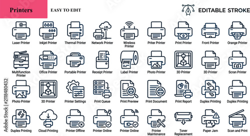 Принти на полотні Collection of printer icons various types and functions easy to edit stroke editable outline symbols for digital design concept business technology equipment set