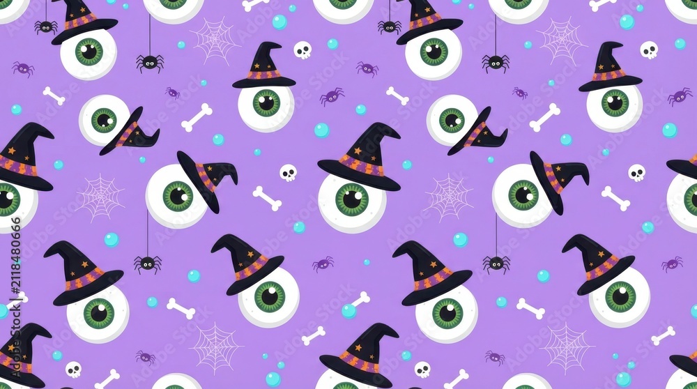 Fototapeta premium Cute Spooky Eyeball and Witch Hat Seamless Pattern