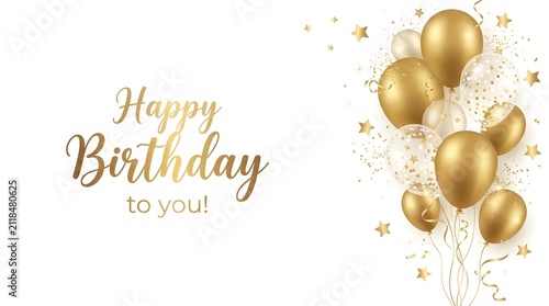 Happy Birthday greeting card with gold balloons. Festive party background with confetti.