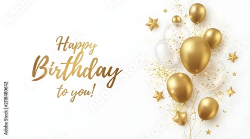Happy Birthday greeting card with gold balloons. Festive party background with confetti.