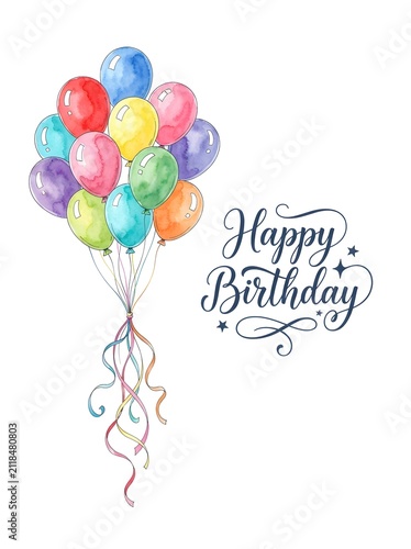 Watercolor birthday card with colorful balloons. Festive greeting design for celebration.