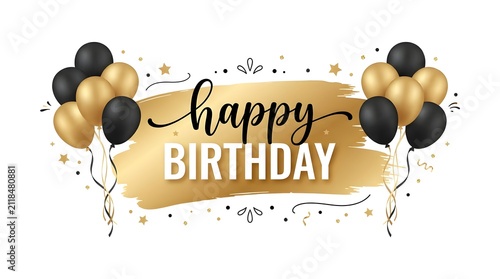 Happy Birthday gold and black card. Festive greeting design with balloons and confetti.