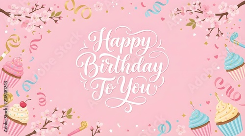 Happy Birthday greeting card design. Festive pink background with cupcakes and confetti.
