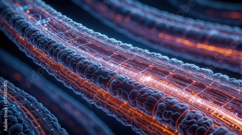 Close up view of lab grown muscle fibers with glowing electronic circuits inside. Microscopic structure shows bio printed tissue strands integrated with advanced medical tech. Modern science