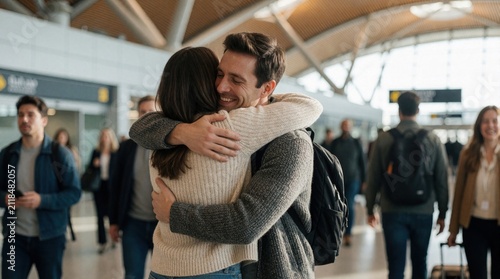 Man and woman hug tightly at airport terminal. People rush past in background. Happy couple reunited after travel, embracing with joy and affection.