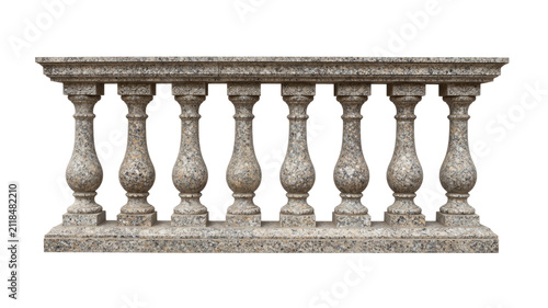Granite balustrade with ornate balusters isolated on white background