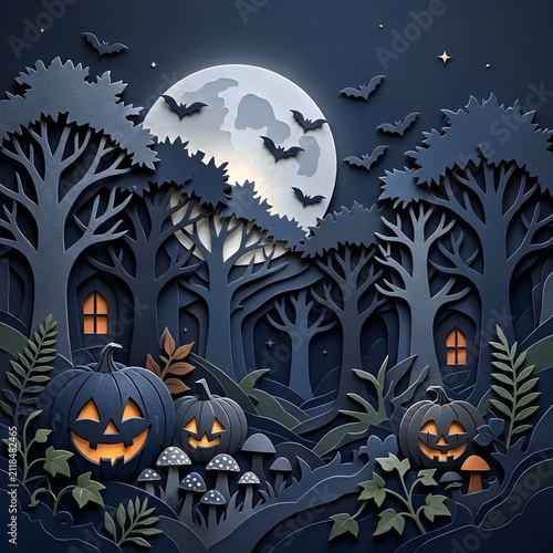 Dark spooky halloween forest paper cut style artwork with carved jack-o-lantern pumpkins, flying bats, silhouettes of trees and glowing full moon background
