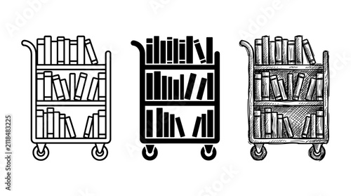 Library Book Cart Icons in Outline, Solid Black, and Hand-Drawn Sketch Styles