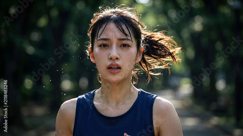 Naklejka 走り終えて汗を流し激しく息を切らす日本人女性の正面アップ