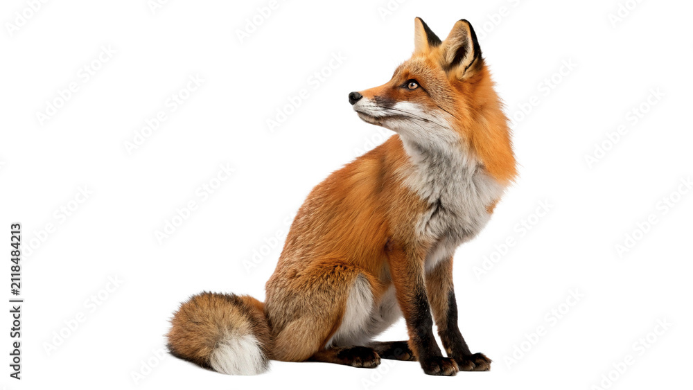 Obraz premium Wild orange red fox sitting down alert profile isolated on transparent background