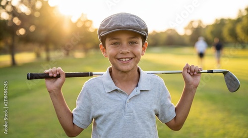 Happy young boy holding a golf club on his shoulders during a golf lesson at sunset
