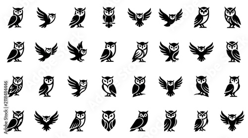 A collection of diverse owl illustrations, showcasing various poses and styles, suitable for graphic design and branding.