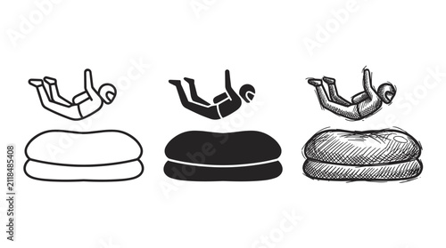 Картината върху платно Stuntman in free-fall landing on an airbag in three graphic styles: outline, sil