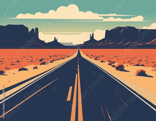 Vintage travel poster illustration of long empty desert highway of Route 66
