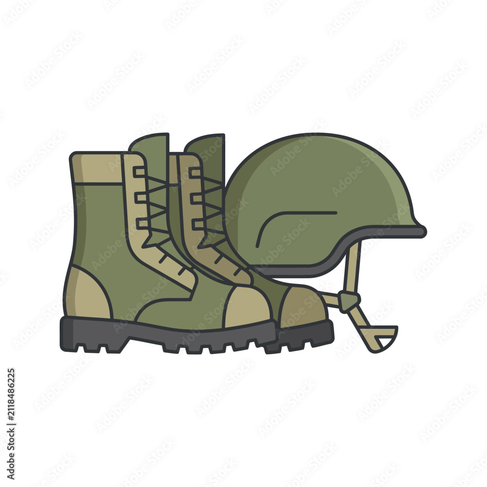 Obraz premium Military Combat Boots and Tactical Helmet Vector Illustration