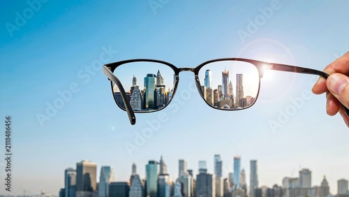 Eyeglasses focusing modern city skyline with blurred urban landscape background
