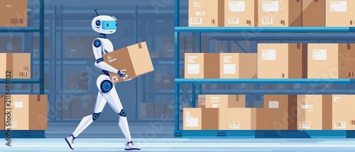 Robot carrying a box in a warehouse.