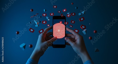 Hands Holding Smartphone Surrounded by Social Media Icons in Dark Background