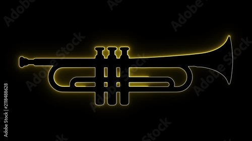 Glowing yellow neon outline of a trumpet silhouette on a dark background. ideal for jazz band visuals, orchestra intros, concert overlays, music logos, and brass performance video backgrounds.