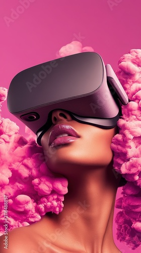 Individual experiencing virtual reality through a headset, immersed in a vibrant pink digital world with surreal cloud shapes, a future metaverse vision.