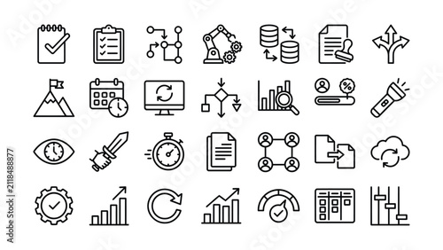 Black line icons for business productivity and workflow management