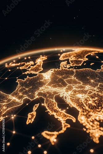 Glowing digital Earth displaying European landmasses as bright data points. Interconnected network lines form a global system, envisioning a virtual metaverse future.