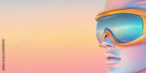 Futuristic face wearing vibrant goggles, looking forward with abstract, colorful hair, digital dreamscape backdrop.