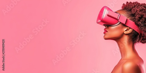 Woman wearing pink virtual reality headset experiencing the metaverse digital world, profile view, immersive simulation.