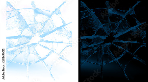 Foto Shattered glass texture with radial cracks, broken window effect on white and bl